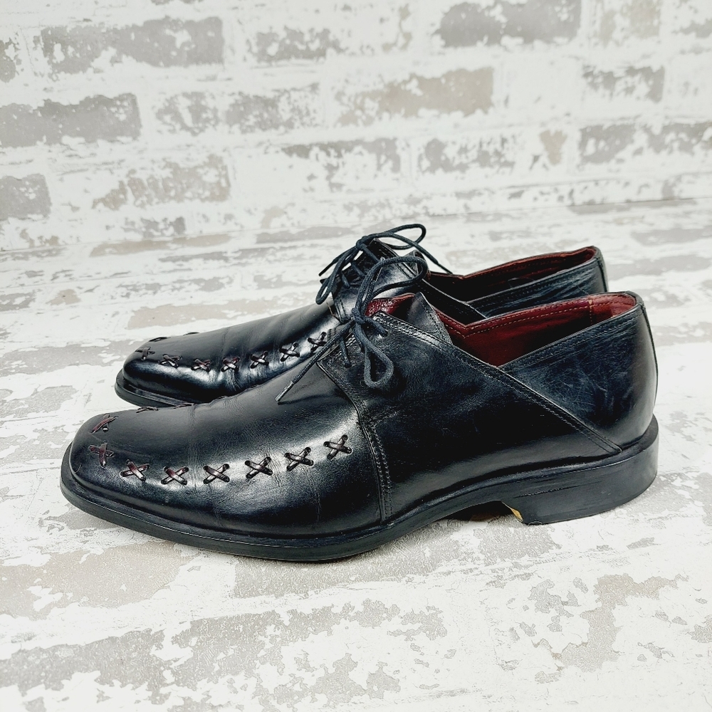 Marco Delli Black Leather Lace Up Almond Toe Casual Derby Oxford V618